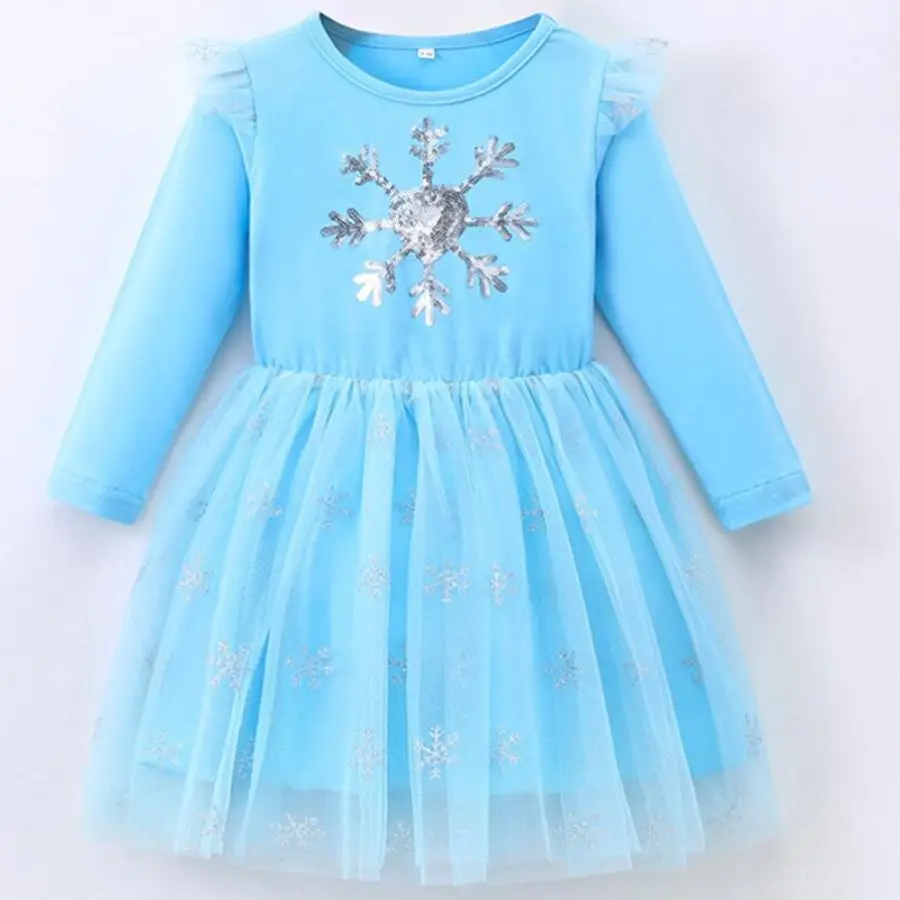 Long Sleeve Girls Princess Dress 2024 Halloween Cosplay Costumes For Kids Child Snowflake Sequin Disguise Carnival Party Dress