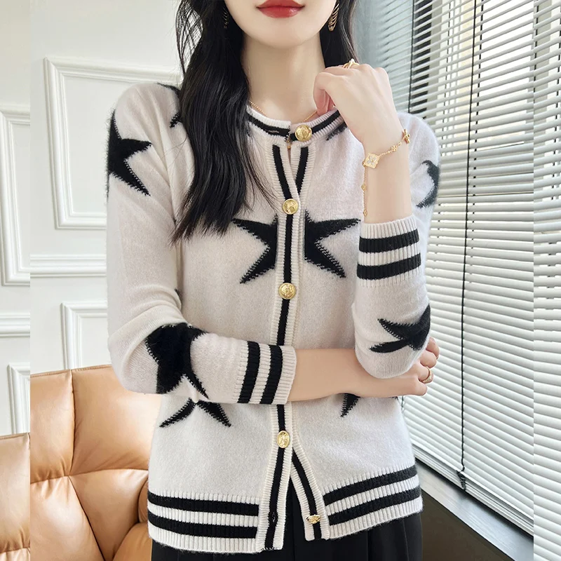 Female Cardigan Autumn Winter Wool Cashmere Sweater Women\'s Coat Five-Pointed Star Long-Sleeved Jacket Round Neck Chic Knit Top