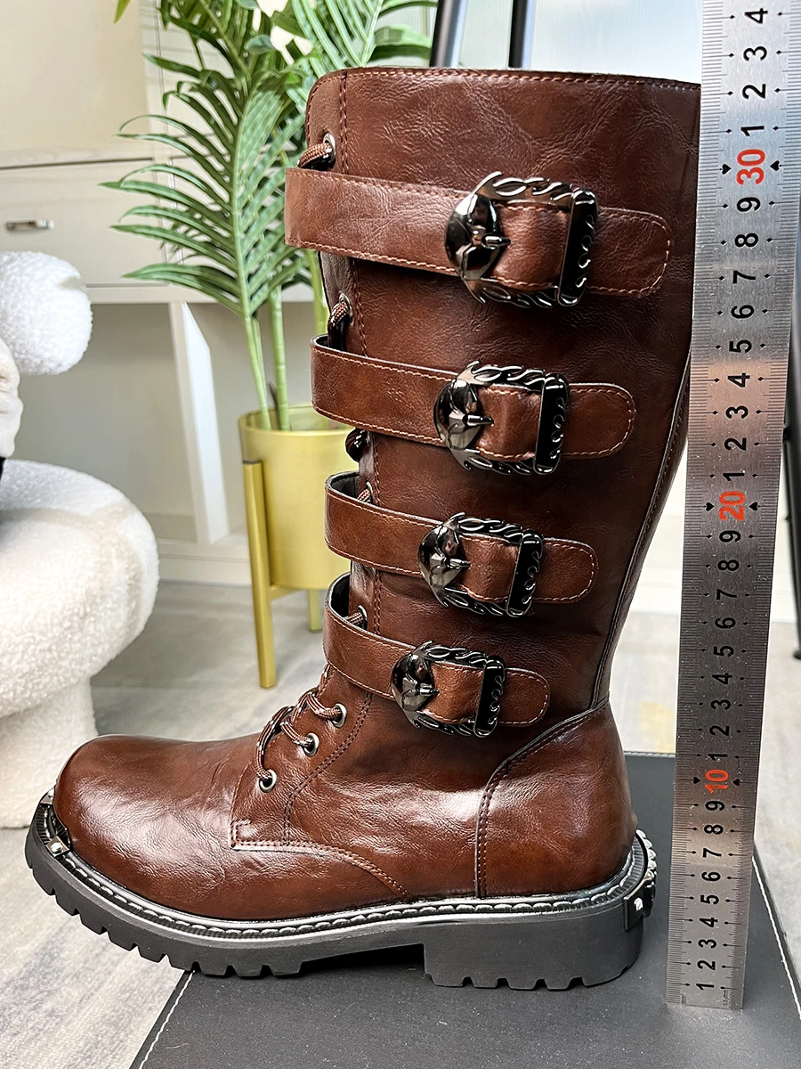 

Retro Metal Decor Belt Buckle Long Boots for Men Round Toe Lace Up Thick Soled Knight Boots Autumn Winter New Outdoor Male Shoes