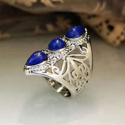 Vintage Creative Hollow Carved Lapis Lazuli Rings for Women Victoria Retro Exaggerated  Rings Popular Fashion Jewelry