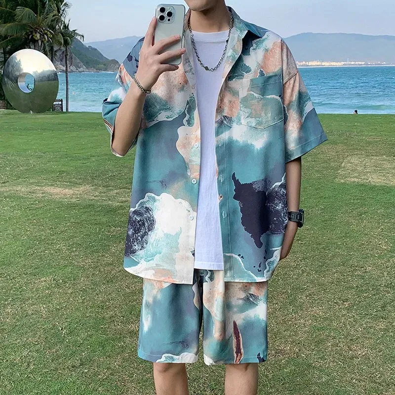 Fashionable Beach Suit Men's Thin Draped Lapel Short-Sleeved Shirt Shorts Ice Silk Loose Versatile Two-piece Set