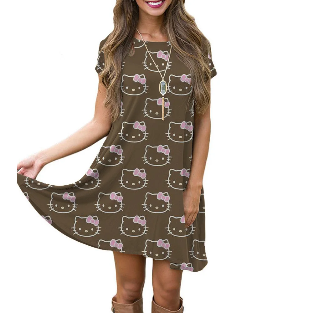 2025 새로운 한국어 스타일 플러스 사이즈 헬로 키티 프린트 티셔츠 여성 여름 루즈핏 배꼽 커버 학생 드레스 ﻿