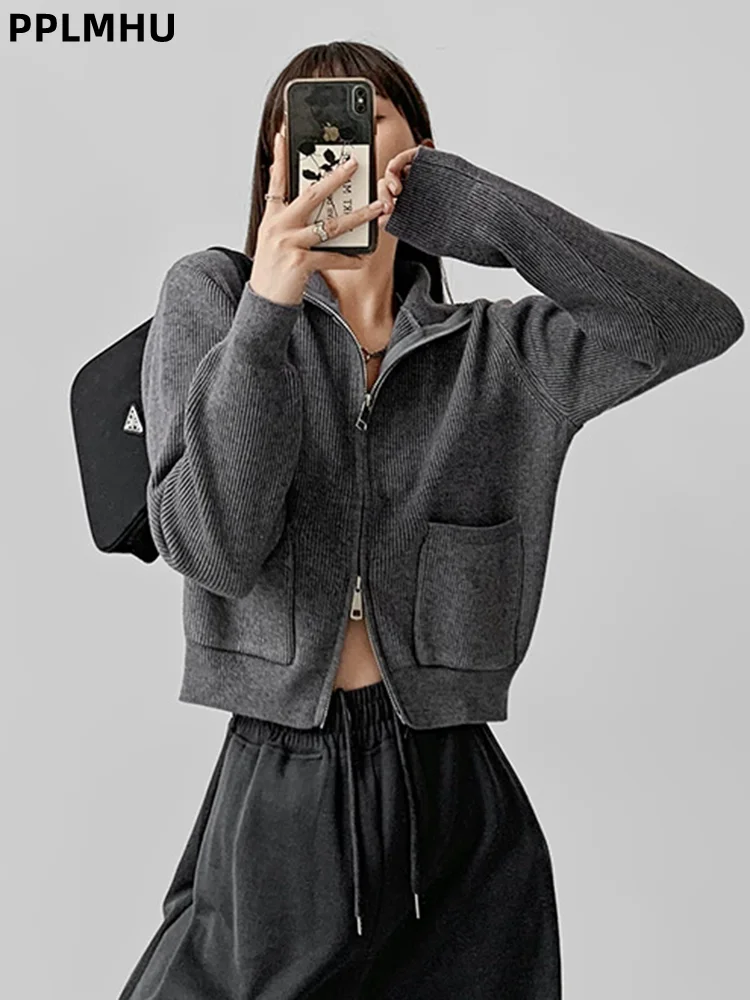 Fashion Zipper Cardigan Sweater Lapel Women's Casual Slim Knitted Gilet Top Long Sleeve Soft V-Neck Korean Knitwear Sueter