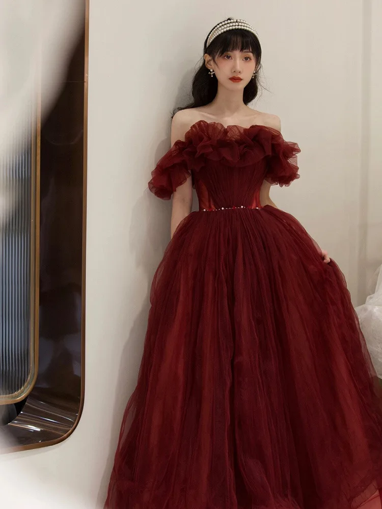 

Elegant Wine Red Evening Dress 2025 New Women's Sexy Off Shoulder Slim Fit Backless Prom Gown Floor Length A-Line Tulle Vestido
