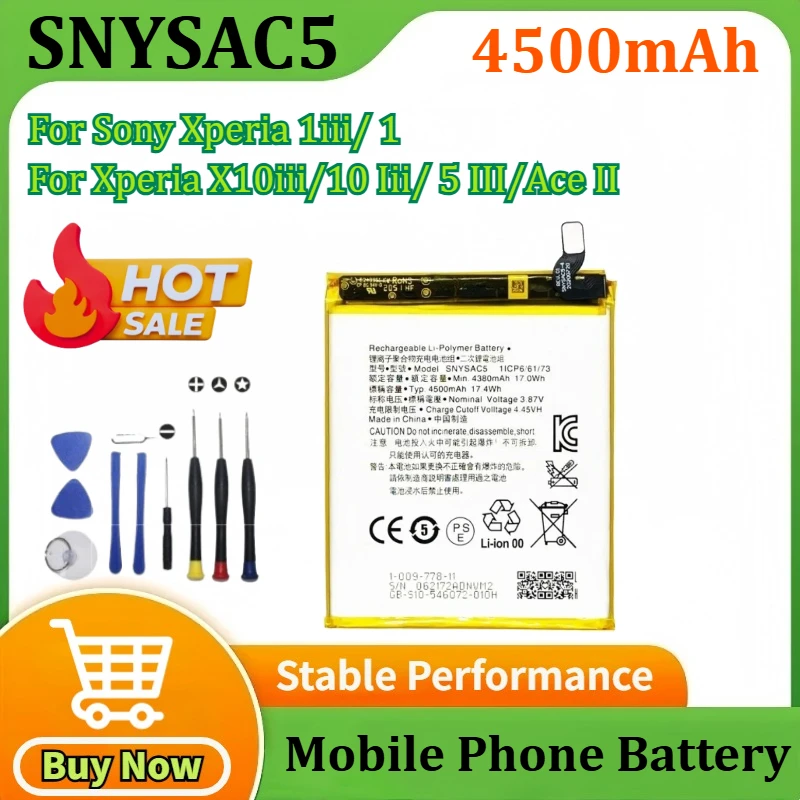 

New SNYSAC5 4500mAh 3.87V for Sony Xperia 1iii/ 1/X10iii/10 Iii/ 5 III/Ace II Replaceable Mobile Phone Battery + Tools