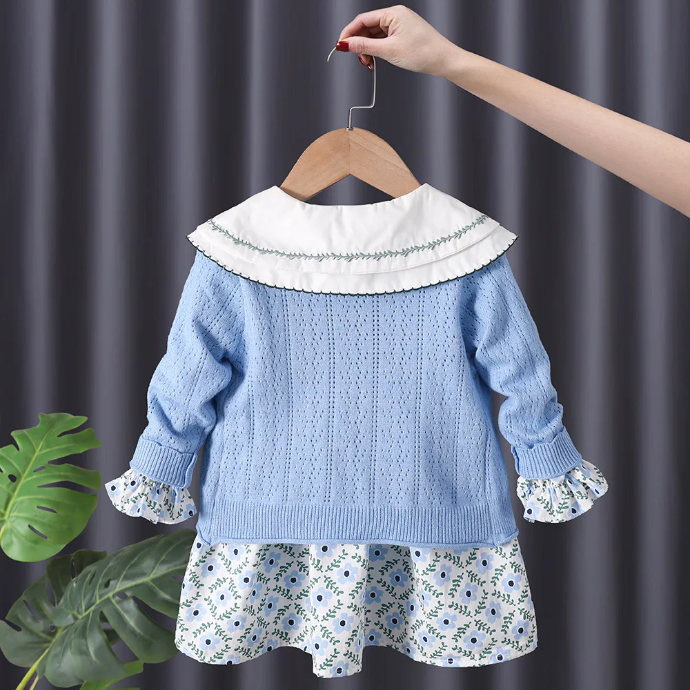 2024 Autumn Kids Baby Girls 2PCS Clothes Set Cotton Knitted Pocket Cardigan Floral Long Sleeve Dress Suit Toddler Girls Outfits