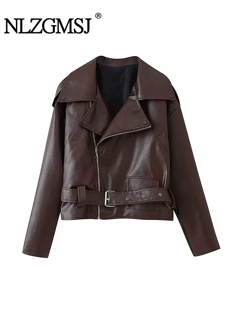 

NLZGMSJ с поясом, женская свободная куртка из искусственной кожи, осень 202, мотоциклетная куртка с длинными рукавами, короткое пальто, женская верхняя одежда Y2K