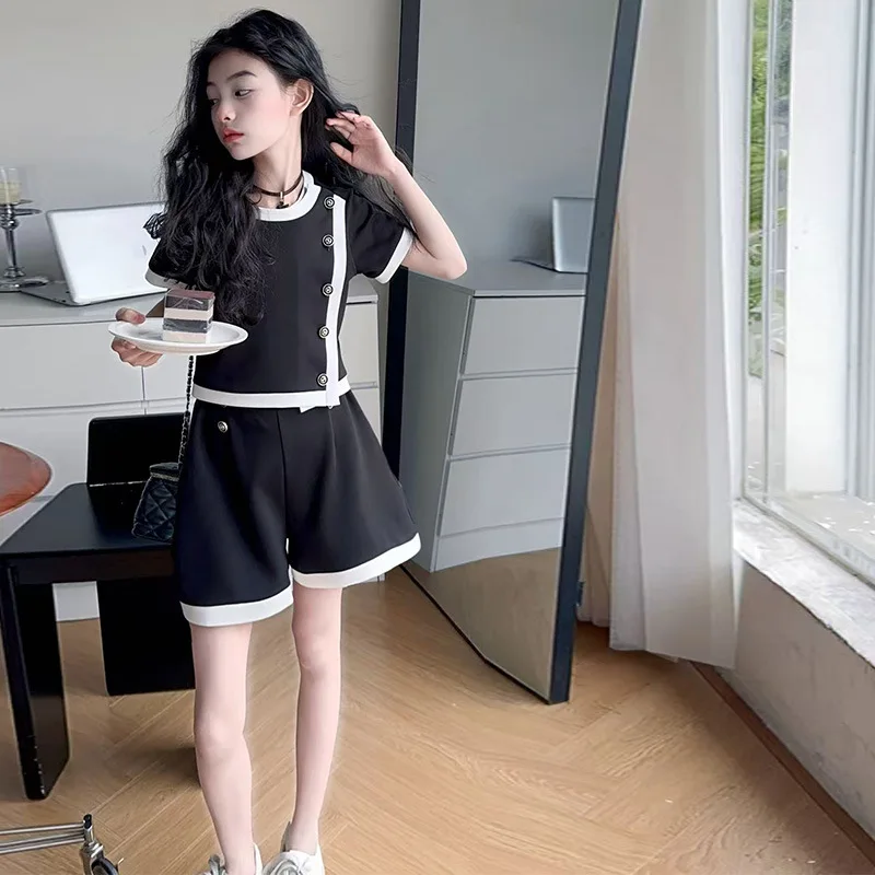 4-14 French design baby girl shorts suit Black white contrasting slanted top+A-line shorts 2pc teen kid set junior child outfits