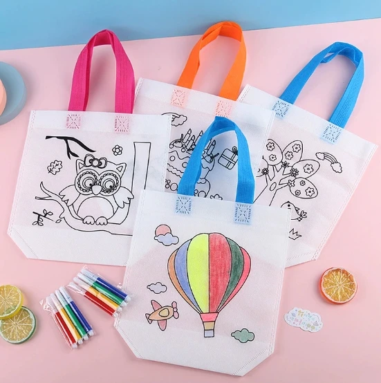 5 SZTUK Torba DIY do Graffiti z Markerymi, Ręcznie Robiona Torba z Włókniny do Malowania dla Dzieci, Zabawka do Rękodzieła Artystycznego, Wypełniania Kolorami i Rysowania