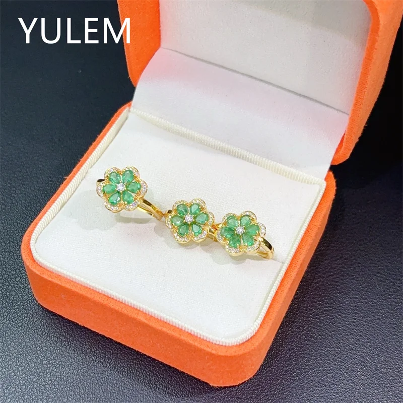 YULEM 925 Silver Natural Emerald Flower Design Jewelry Set Real Gemstone Ring Earrings for Women with Certificate