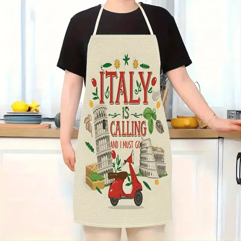 2D Flat Linen Apron Italy Travel Theme Kitchen Cooking Baking Chef Pizza Pasta Making BBQ Work Bib Apron For Women Men