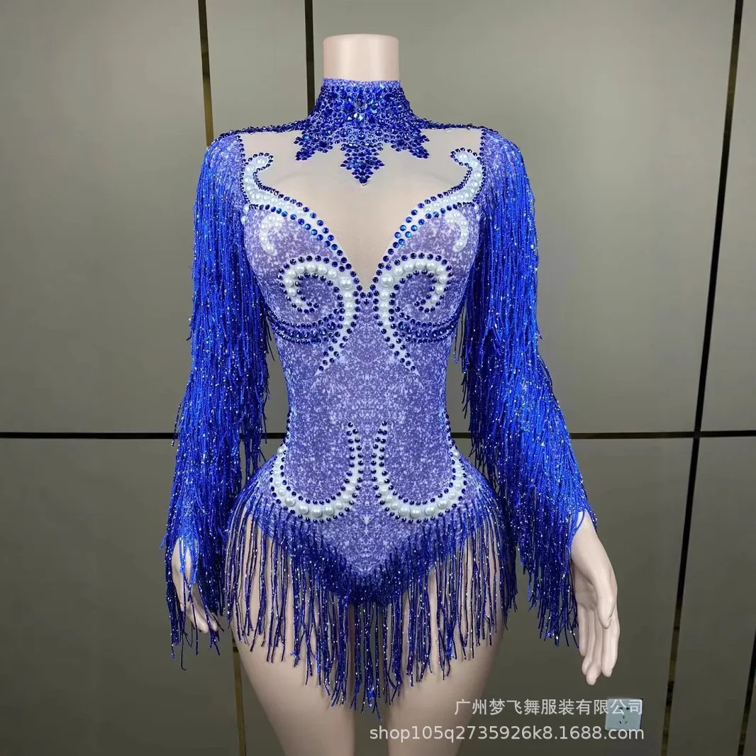 Women Sexy Mesh Performance Dance Dress Nightclub Singer Dancer Stage Costume Shiny Rhinestone Long Sleeve Tassel Jumpsuit