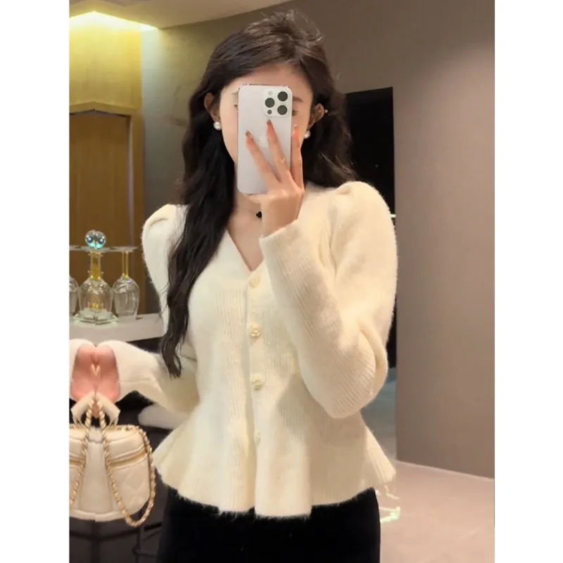 2024 Spring Autumn New Women Cropped Tops Clothes French Slim Ruffle Knitted Cardigan Bubble Long Sleeve V-Neck Sweater Jacket