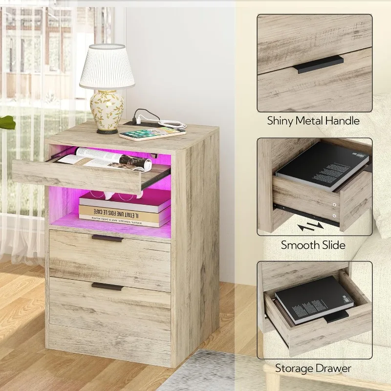 LED Nightstand Bedside Table with Charging Station, End Table with Lights and 2 Drawers,