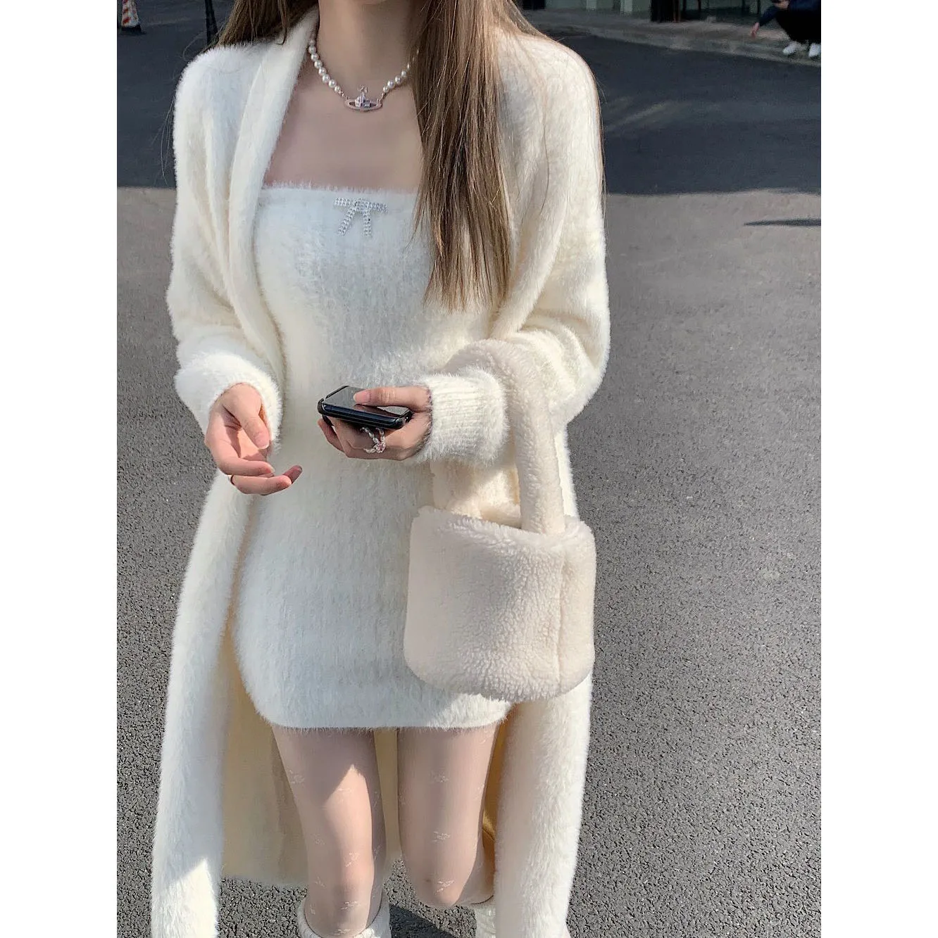 Soft Long Knitted Cardigan Women Imitation Mink Sweater Coat Sexy Strapless Dress 2 Piece Set Thick Plush Cardigan Sweater Suits