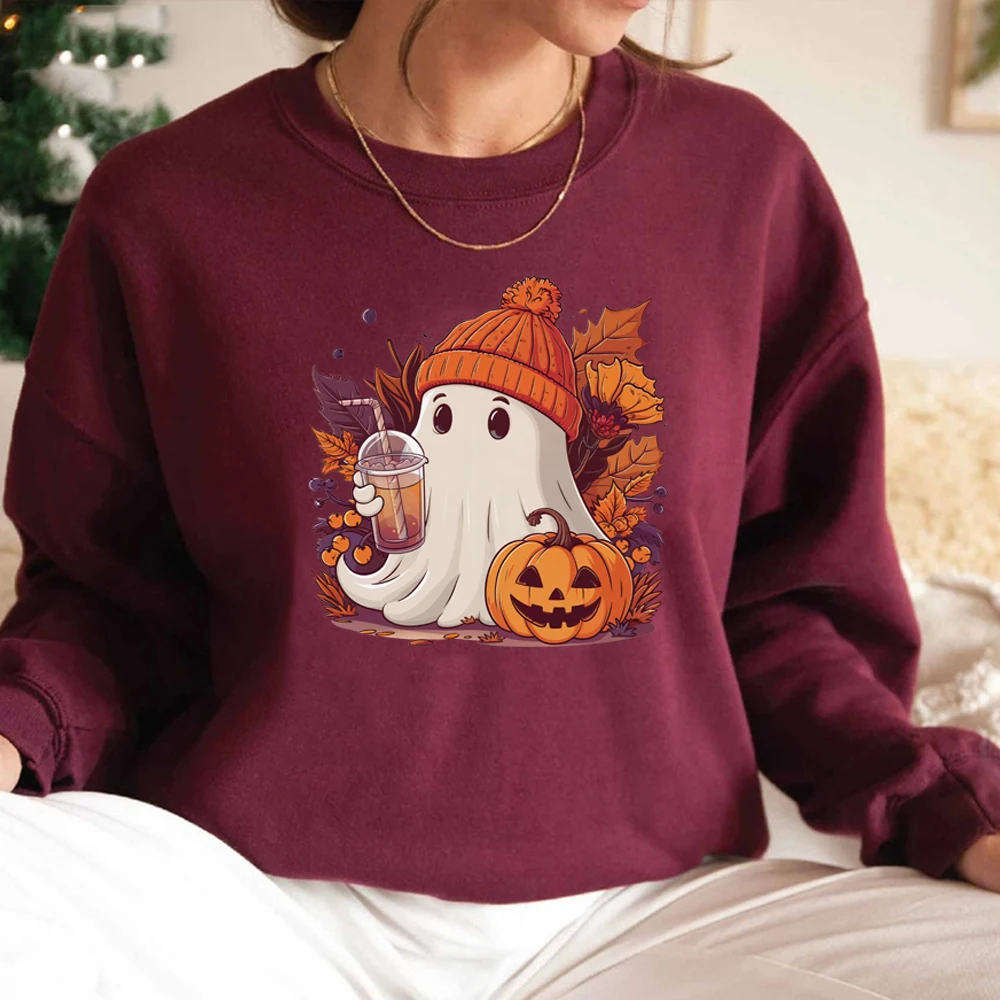 Cute Ghost Sweatshirt Funny Spooky Season Sweater Women Long Sleeve Crewneck Sweatshirt Halloween Party Hoodie Women Clothing