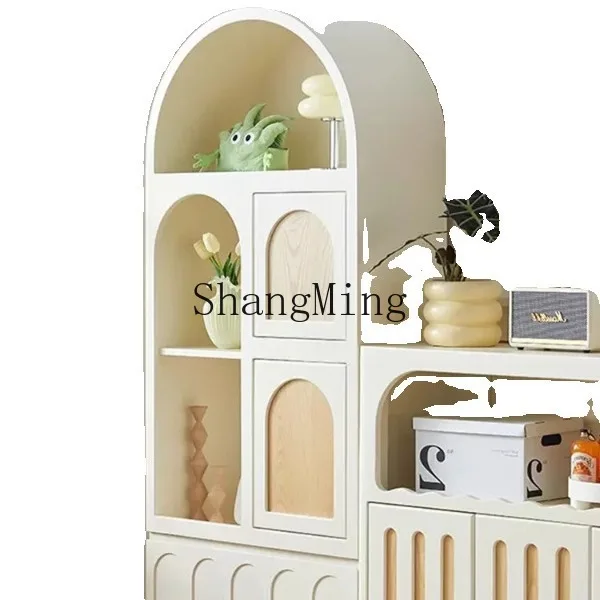 CL Solid Wood Semi-Circular Bookcase Vintage White Arched Bookshelf Display Storage Decorative Cabinet