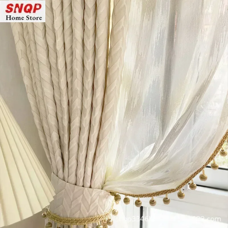 Fashion Champagne Luxury Modern Embossed Curtains for Living Room Dining Bedroom Blackout Beige French Cream Elegant Tulle