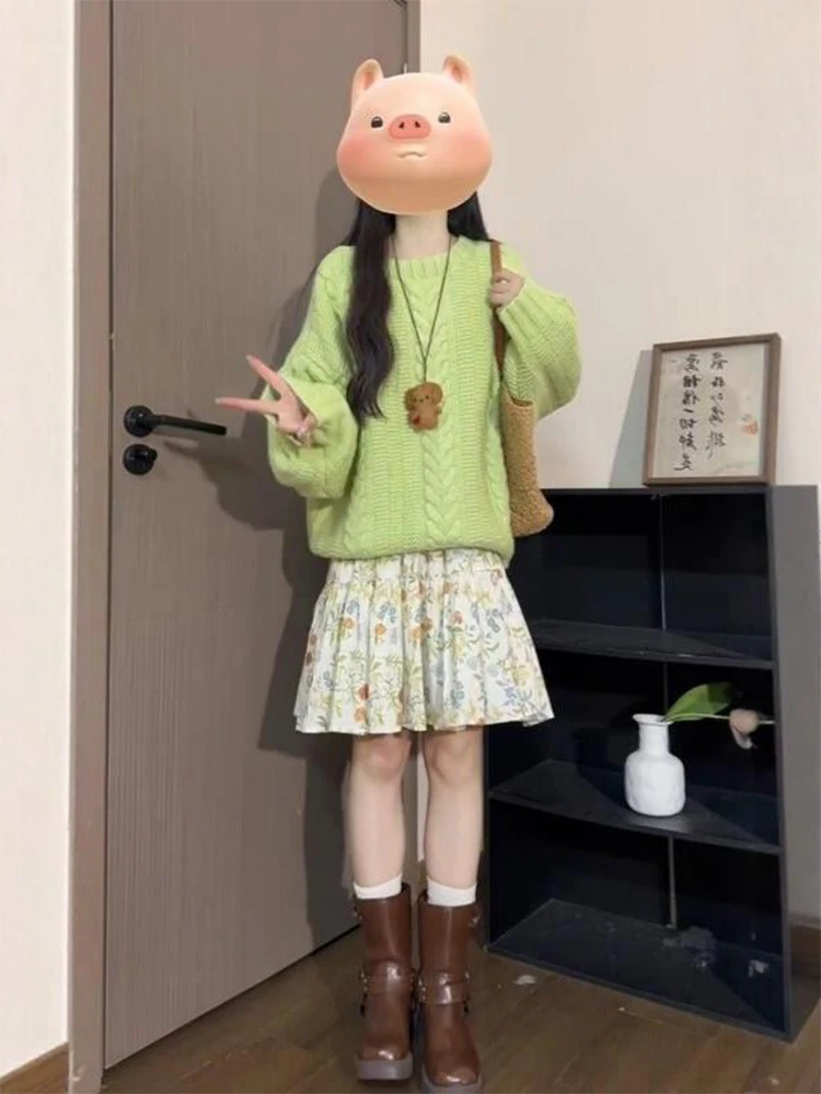 

Spring New plus Size Women's Knitted Sweater Dress Set Comfortable Floral Print Lazy Style Green Knitwear Short Skirt