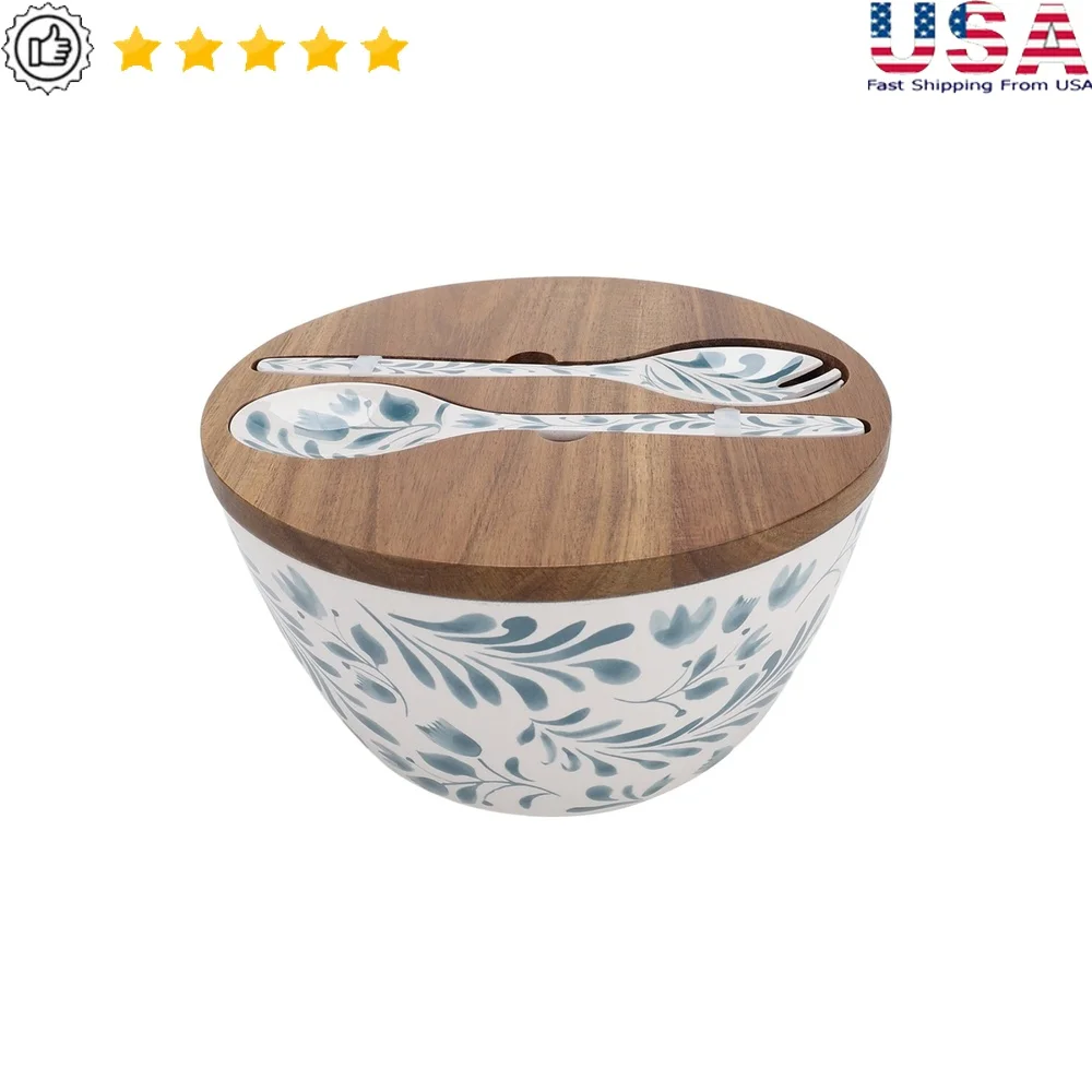 4 قطع من وعاء سلطة الميلامين الخيزران مجموعة أدوات غطاء خشب السنط أنيق يخدم وتخزين غسالة أطباق خفيفة الوزن مقاومة للكسر #1