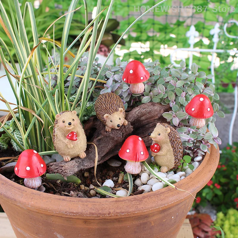 7 Pcs Fairy Wild Garden Accessories Mini Hedgehogs And Mushroom Statue Micro Landscape Plant Pots Bonsai Craft Decor