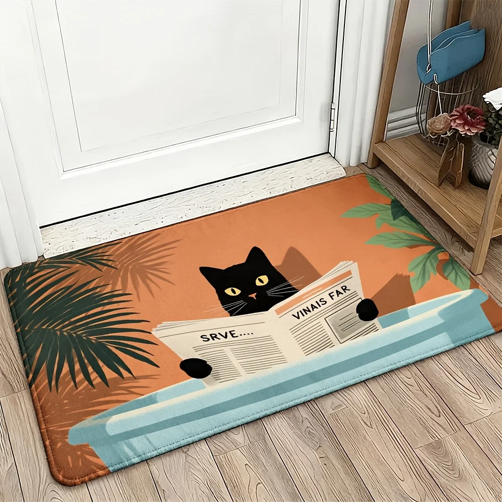 

Stylish Cat Novelty Door Mat Funny Newspaper Reading Design Welcome Mat for Entryway House Decoration Home Decor Gift