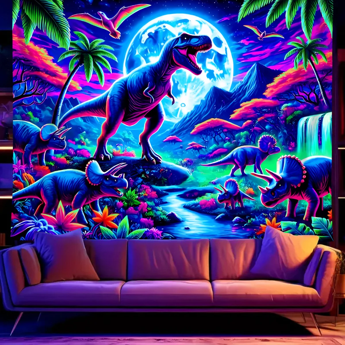 Arazzo fluorescente di squalo dinosauro 1pc, arazzo di paesaggio a luce nera ultravioletta, camera da letto soggiorno decorazione della casa parete ha