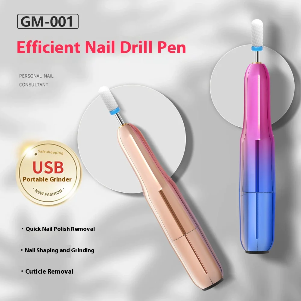 Mini perceuse à ongles, broyeur de stylo de lime à ongles USB pour Nail Art, Kit d'outils de polissage de manucure et pédicure avec accessoires à 6 embouts
