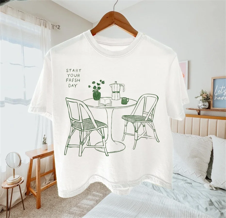 Short Sleeved Print Start Your Fresh Day Cafe Pattern Style Women's Top T-Shirt Casual Versatile Women's Cartoon Trendy T-Shirt