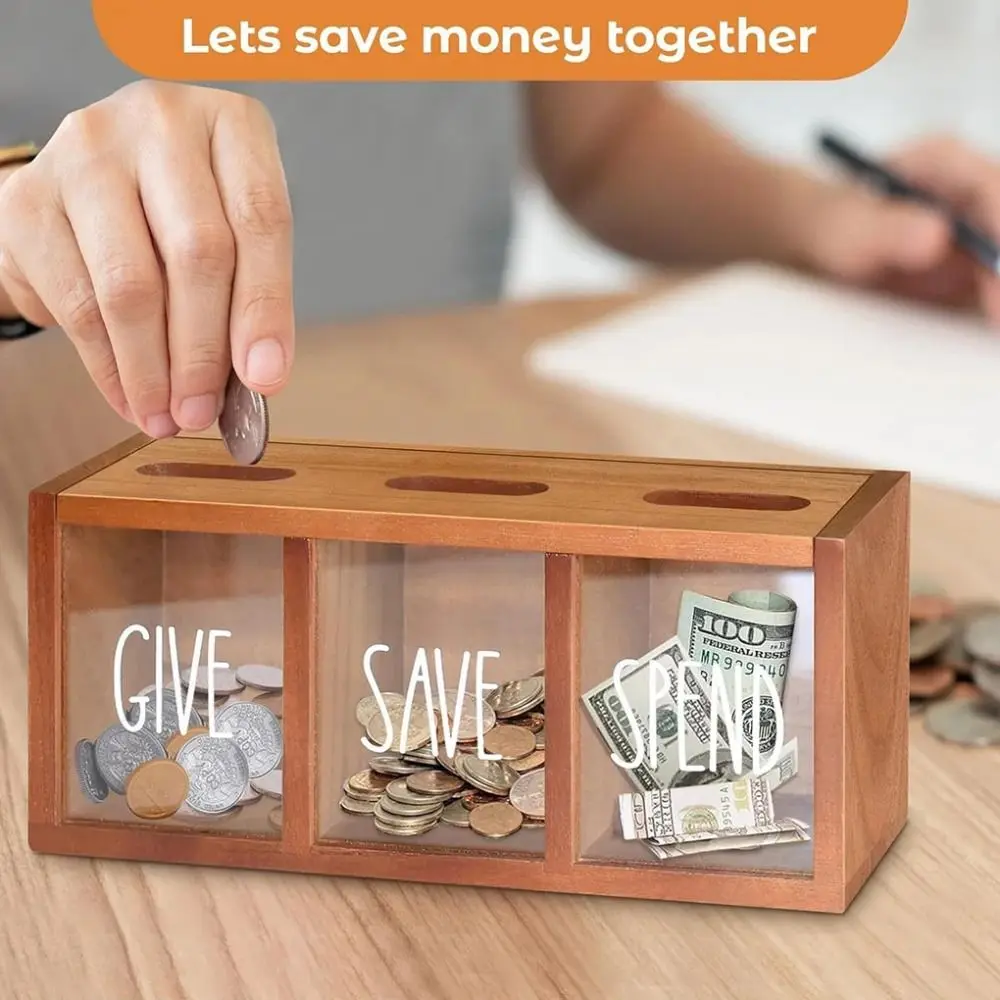 3 Compartments Wooden Money Saving Box Wall-Mount Design Large Capacity Saving Money Jar Reusable Decorative Money Container - view 3