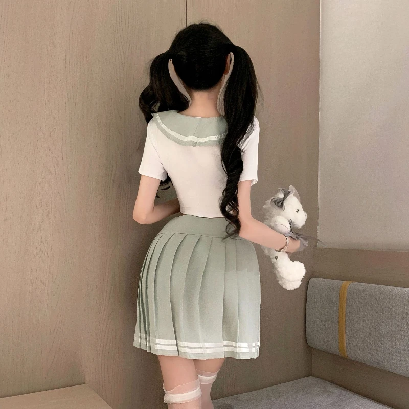 Uroczy top z krótkim rękawem i kokardą, plisowana spódniczka JK, seksowny strój do cosplayu w stylu uczelni, uwodzicielski strój dla par, gra w odgrywanie ról, strój uczennicy.