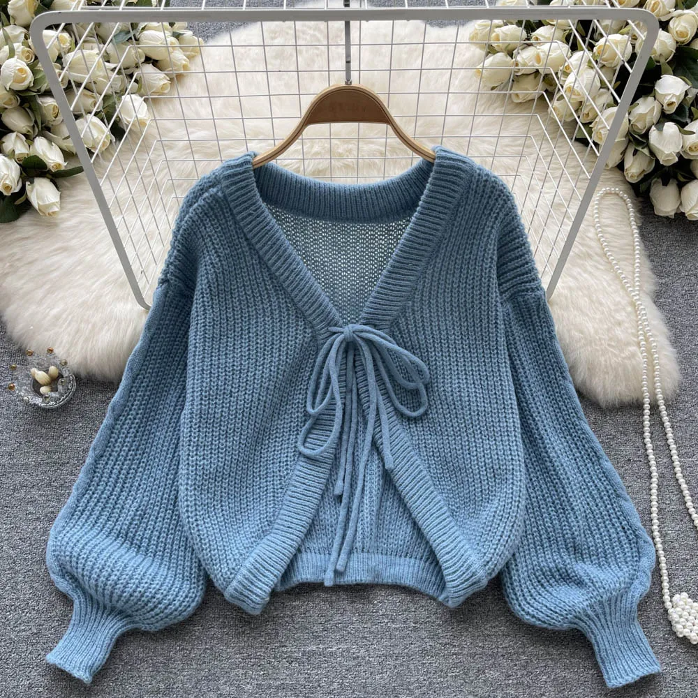 

Spring Autumn Women Sweater Cardigan Fashion Loose Solid Color V-Neck Bandage Knitted Tops New Casual Female Outerwear