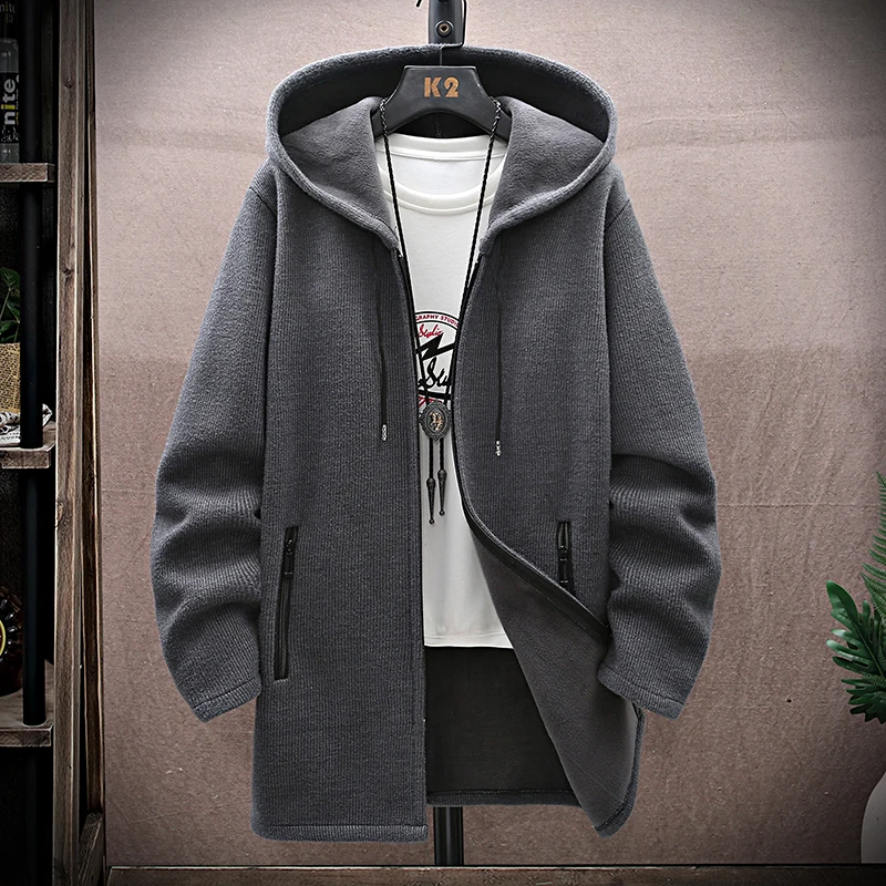 Men Long Cardigan Hooded 2024 Autumn Winter Knitted Sweater Long Coat Zip Solid Casual Fleece Hooded Jackets Outwear Man Clothes