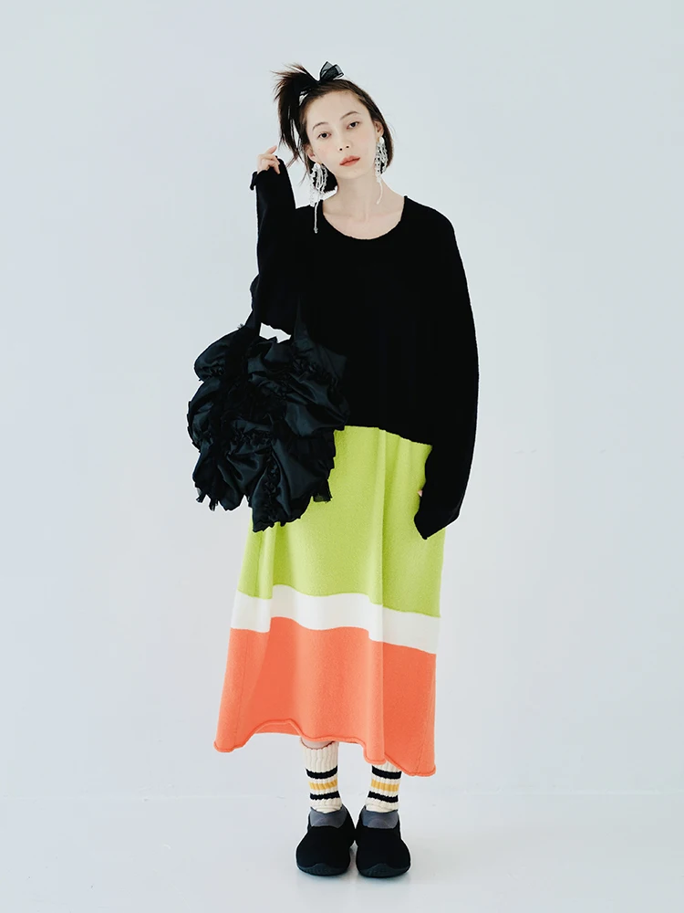 

imakokoni autumn and winter stretch mohair colorblock woven dress plus size striped knitted skirt 223821