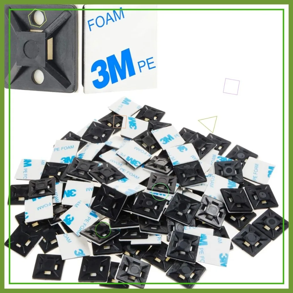 

100 PCS 3/4" Black Self-Adhesive Cable Zip Tie Mounts Wire Clips Holders Management Anchors Squares