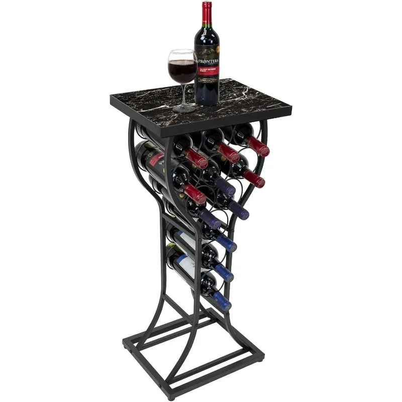 Wine T1 Console pour bar à la maison, mini support à vin avec dessus de table en faux marbre blanc, métal durable autoportant