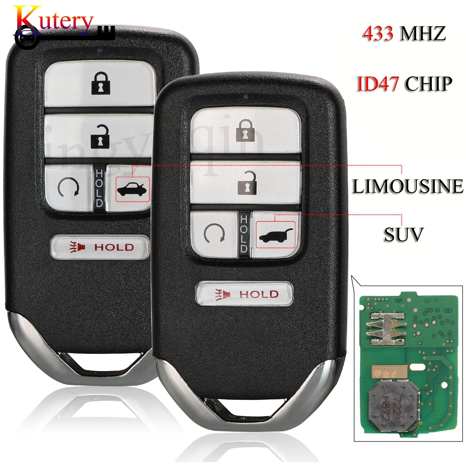 

jingyuqin Remote Smart Car Key For Honda Civic EX TOURING Piot CR-V 4+1 5 Buttons 433MHZ ID47 Chip FCCID: KR5V2X