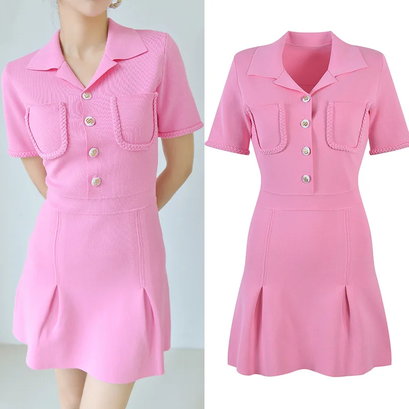 

Pink Short-sleeved Skirt Sweet Age-reducing Lapel Dress French Temperament Waist-hugging and Slimming 2025 Summer New Style
