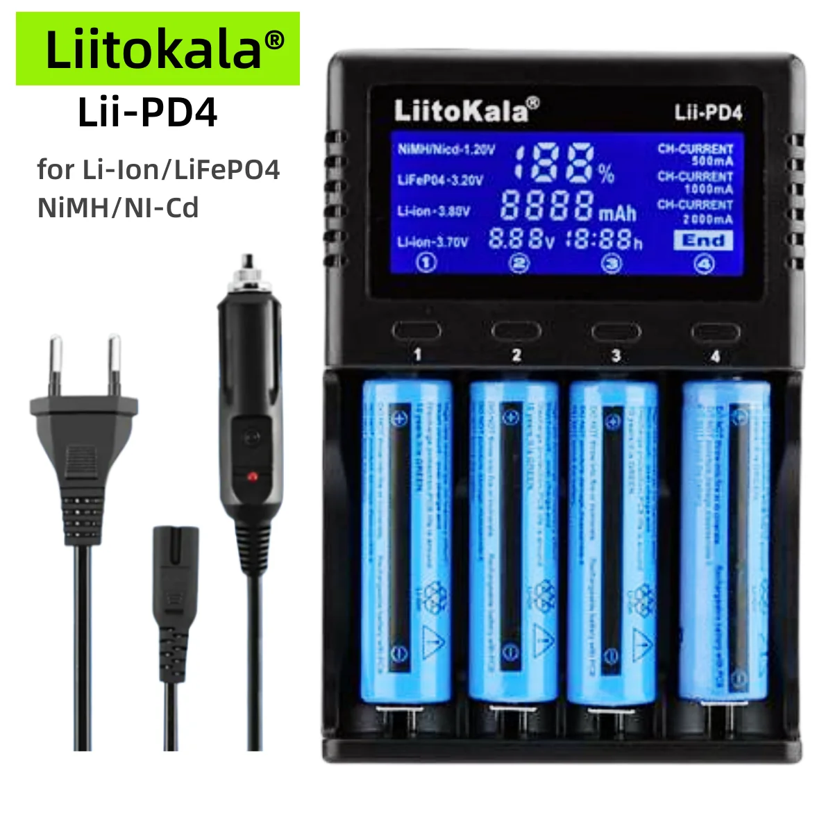 LiitoKala 18650 Battery Charger Lii-PD2  Lii-PD4 2 4 Slots AC 110V 220V For 18650 Charging 3.7V Rechargeable