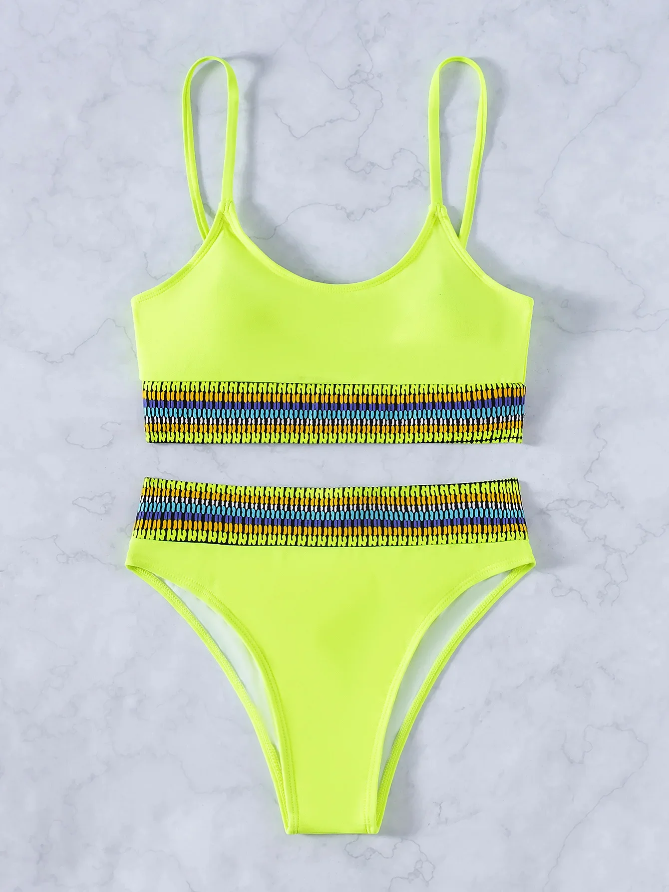 

Sexy High Waist Bikini Women Neon Yellow Patchwork Push Up Padded Swimsuit Brazilian Ribbed Strap Bathing Suit Swimwear Biquini