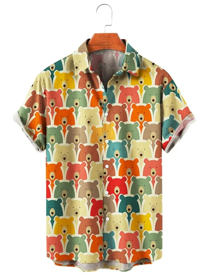 Funny Bear Head Hawaiian Shirts Summer 3D Printed Vacation Beach Casual Vintage Clothes Women Lapel Blouse Plain Shirt