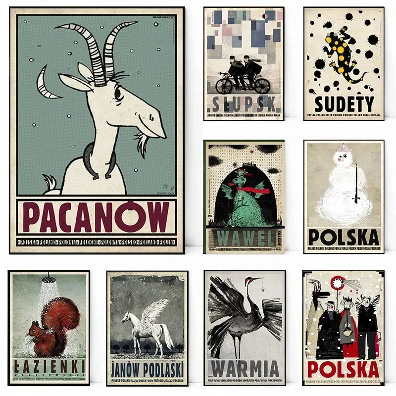 

Vintage Polish City Nature Wall Art Mountain Sea Animal Women Posters and Prints on Canvas for Living Room Decor