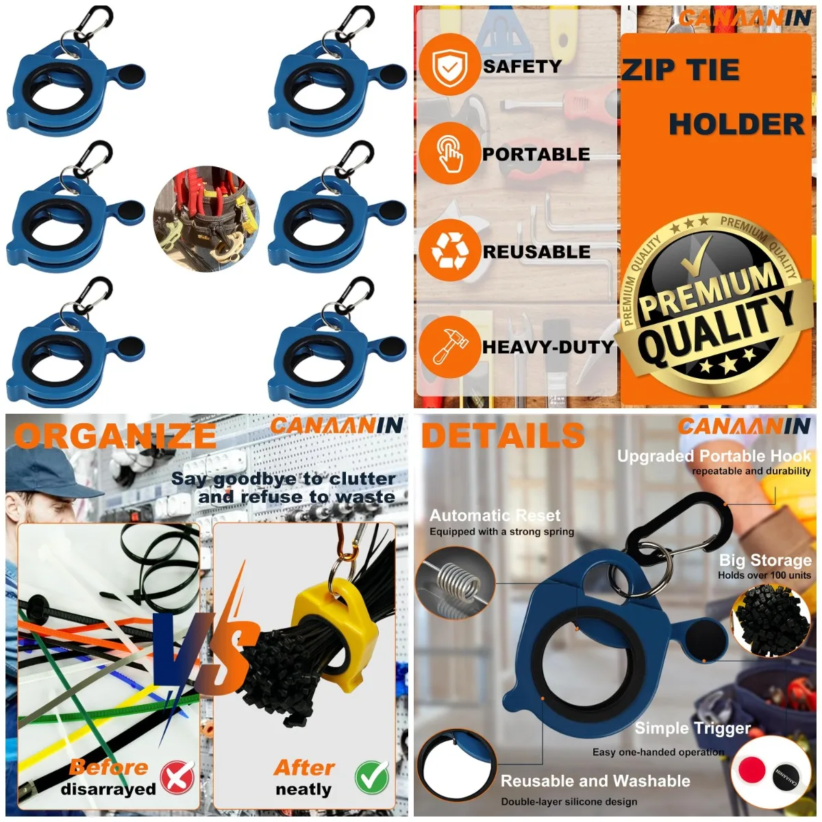 

Сверхмощный держатель стяжки на молнии, 6 цветных зажимов для кабельных стяжек для ремня для инструментов — организованный, многоразовый и портативный