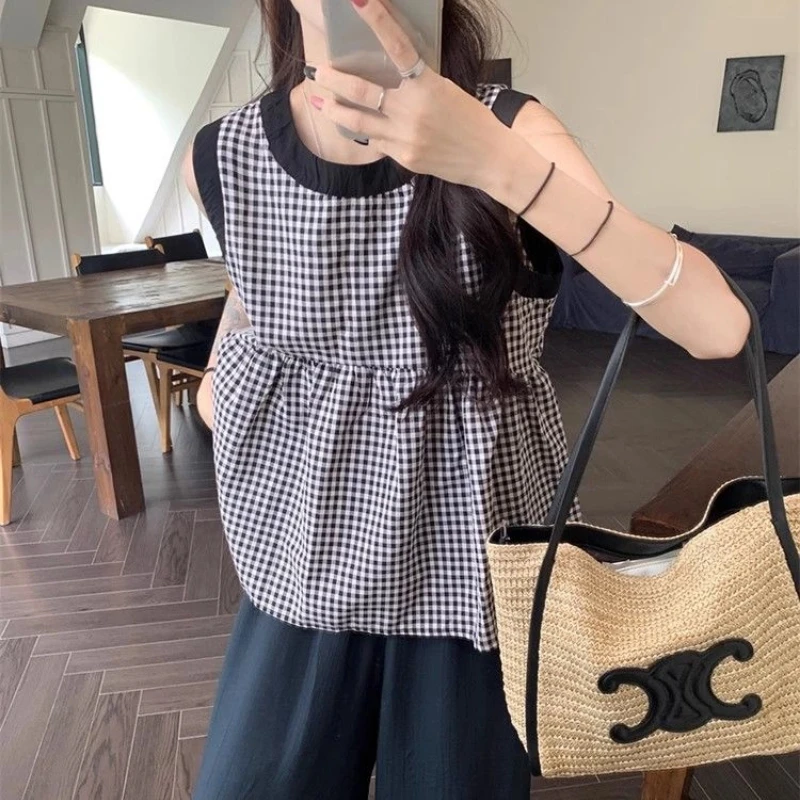 

Sleeveless Plaid Loose Korean Blouse Summer New Sweet O-neck All-match Contrast Trend Shirt Tops Fashion Vintage Women Clothing