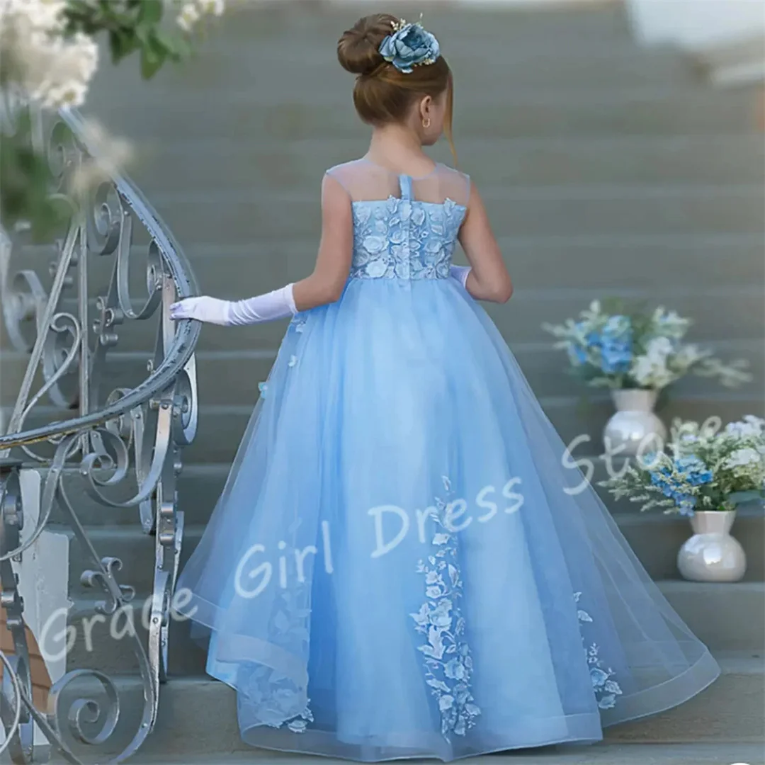 

Customized Wedding Appliques Tulle Sky Blue Flower Girl Dress For With Train Sleeveless Elegant Kids Bridesmaid Birthday Gown