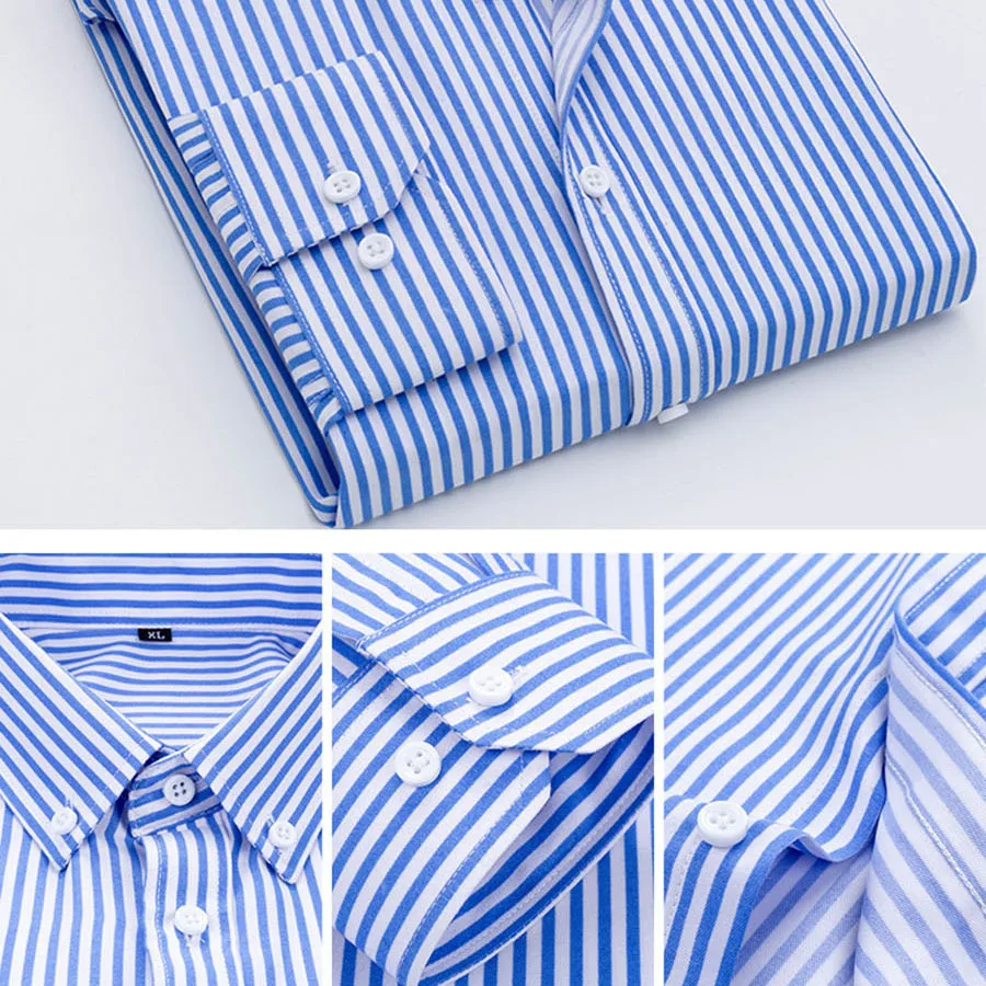 قميص رجالي مخطط بأكمام طويلة، بدون كي، مريح ومسامي، ملابس ربيعية جديدة، قميص عمل كاجوال فاخر للرجال.