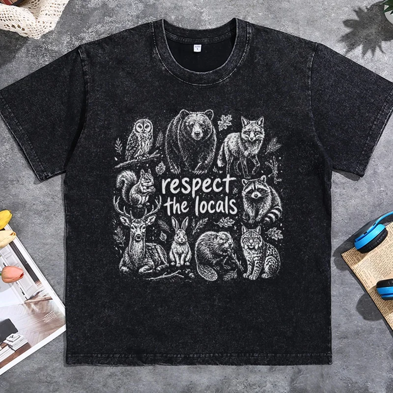 Respect The Locals Animals Printed T-shirt Men Women Vintage Washed Tshirt Cotton Comfortable High Quality T Shirt Oversized