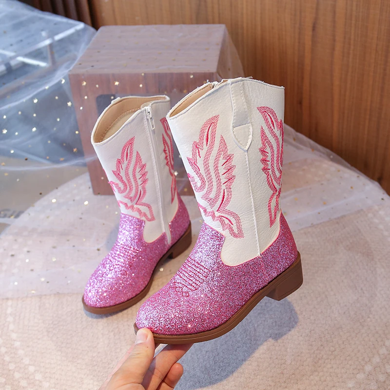 Kids Girls Pink Glitter Western Cowboy Boots, Embroidered Design, Side Zipper, Non-slip Sole for Dress-up & Casual Wear EU Size