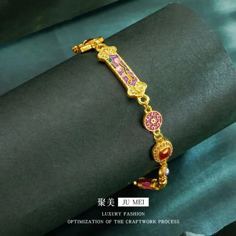 Luxury 24K Real Gold Burnt Blue Peach DIY Bracelet Au9999 Pure Gold Ancient Burning Blue Craft Hand Brand Retro