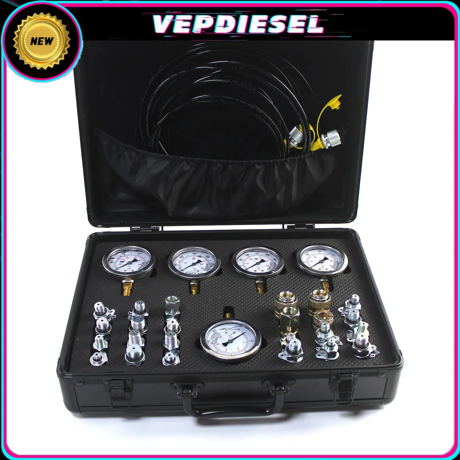 Hydraulic Pressure Test Kit with 5 Gauges 3 Test Hoses 24 Couplings Hydraulic Test Gauge Kit Pressure Gauge Used For Excavators